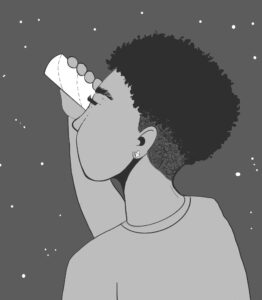 An illustration of a person looking up at the night sky with a homemade telescope.