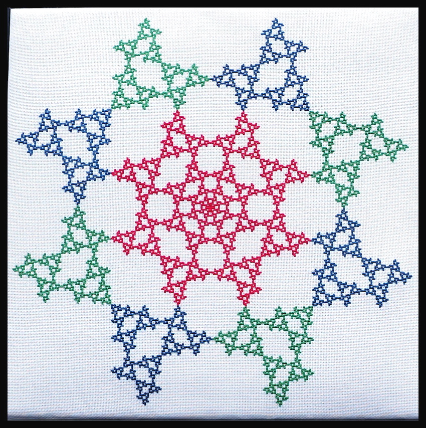 A colorful pattern of cross-stitched triangles