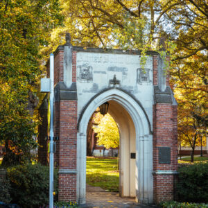 秋天的黄叶被阳光照在大学校园前面的欢迎拱门后面.