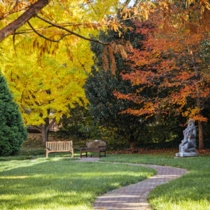 fall leaves of yellow and orange. A wooden bench sits down a brick path next to a cold stone statue.