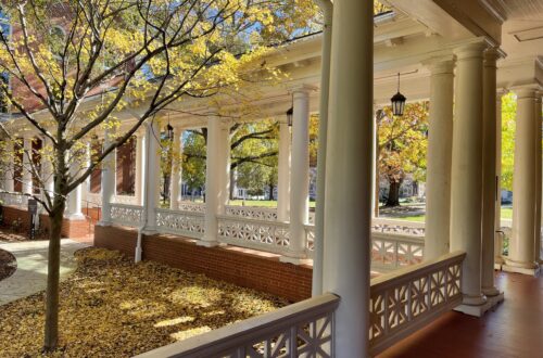 the autumn light peeks through a colonnade of white pillars and red wood flooring. yellow fall leaves stick to small trees